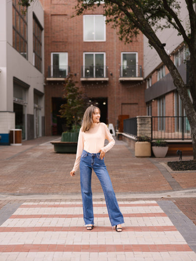 Mock Neck Mesh Top with Pearl Detail, Champagne