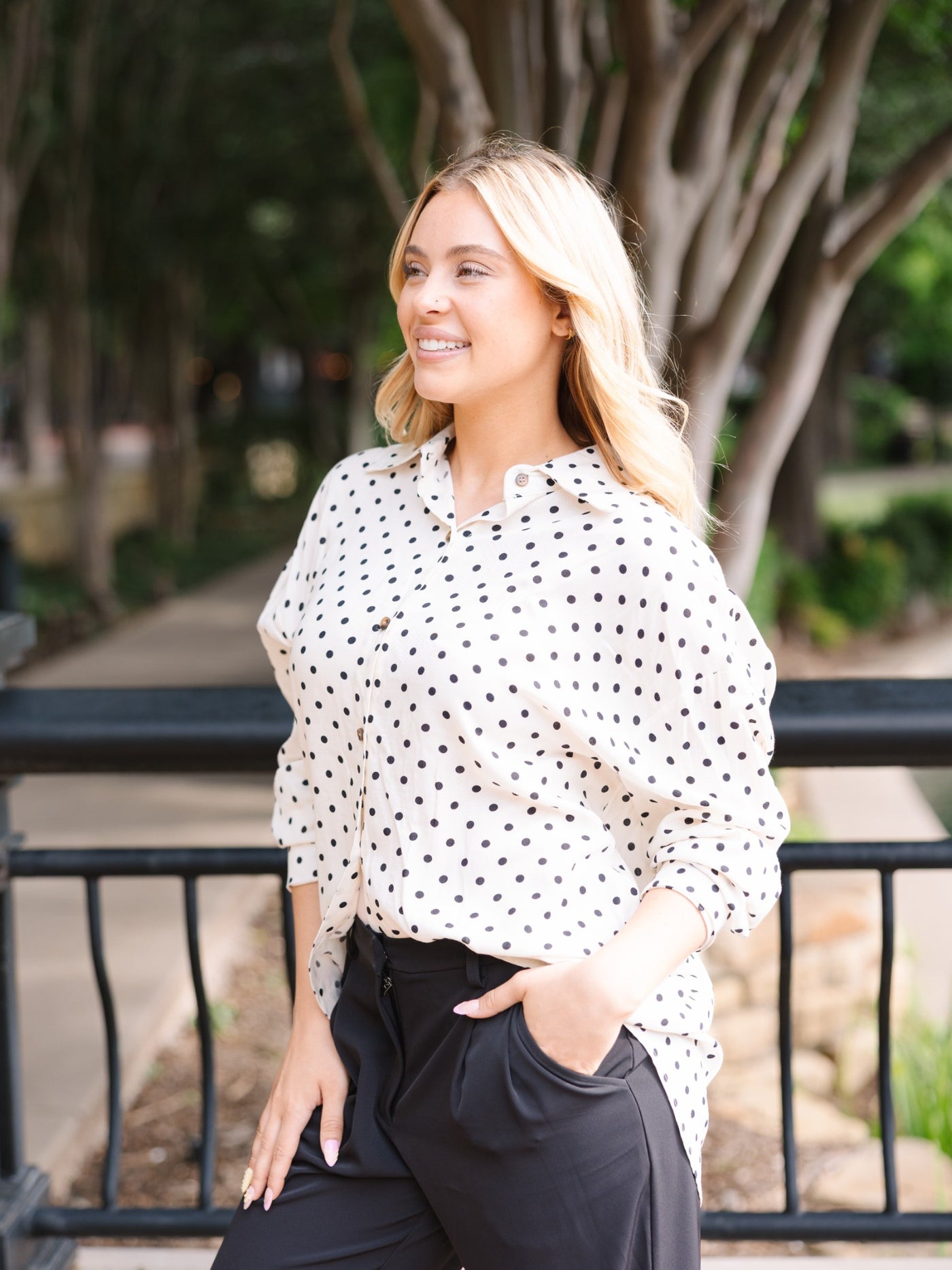 Kathryn Classic Button-Up, Ivory Polka-Dot