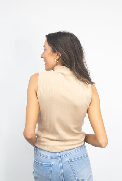 Sleeveless Ribbed Turtleneck, Tan