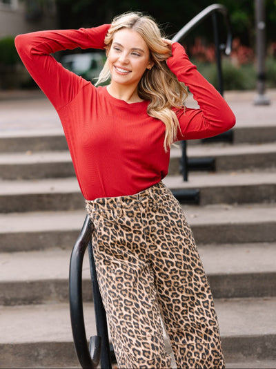 Ribbed Long-Sleeve Top, Red