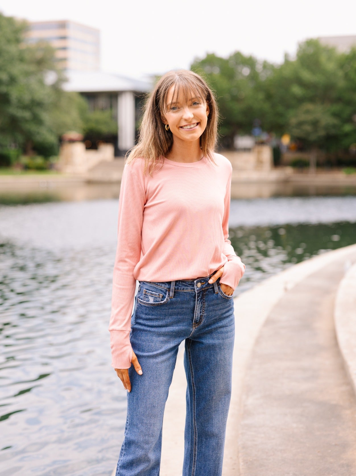 Ribbed Long-Sleeve Top, Blush Pink