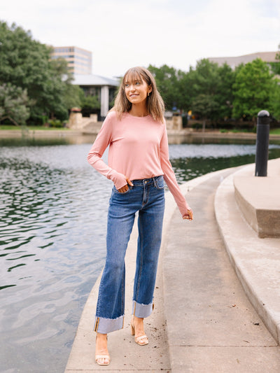 Ribbed Long-Sleeve Top, Blush Pink