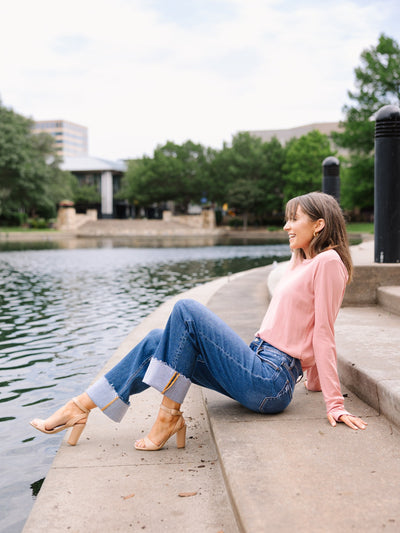 Ribbed Long-Sleeve Top, Blush Pink