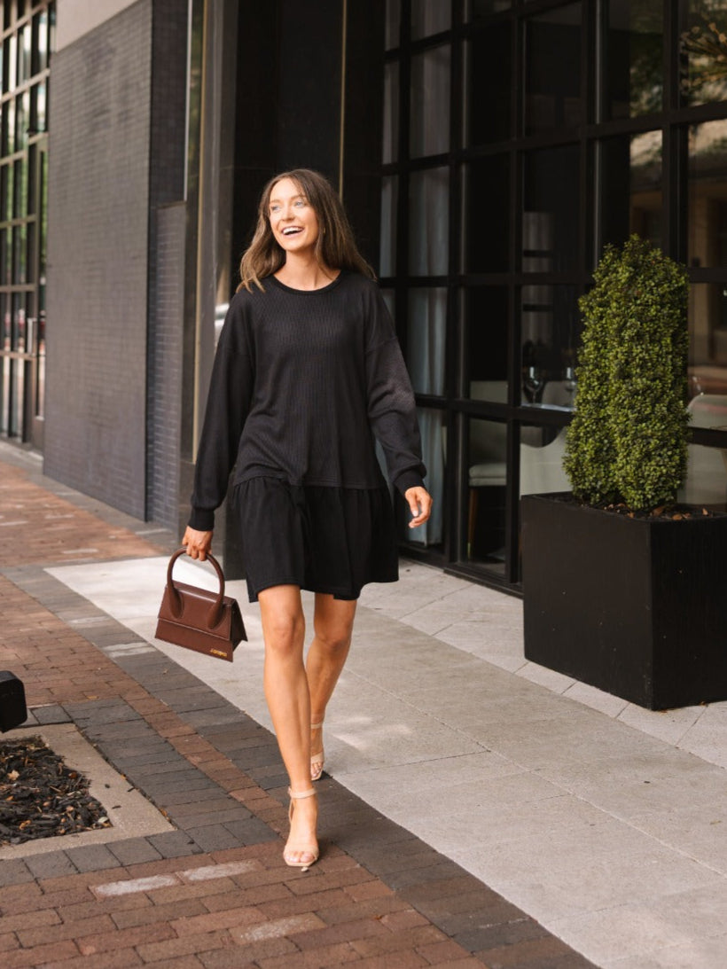 Waffle Knit Long-Sleeve Dress, Black