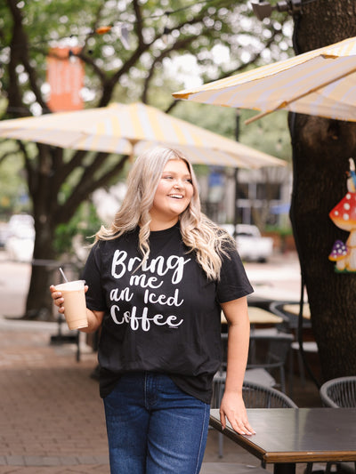Bring Me an Iced Coffee on Black Tee Shirt Blank