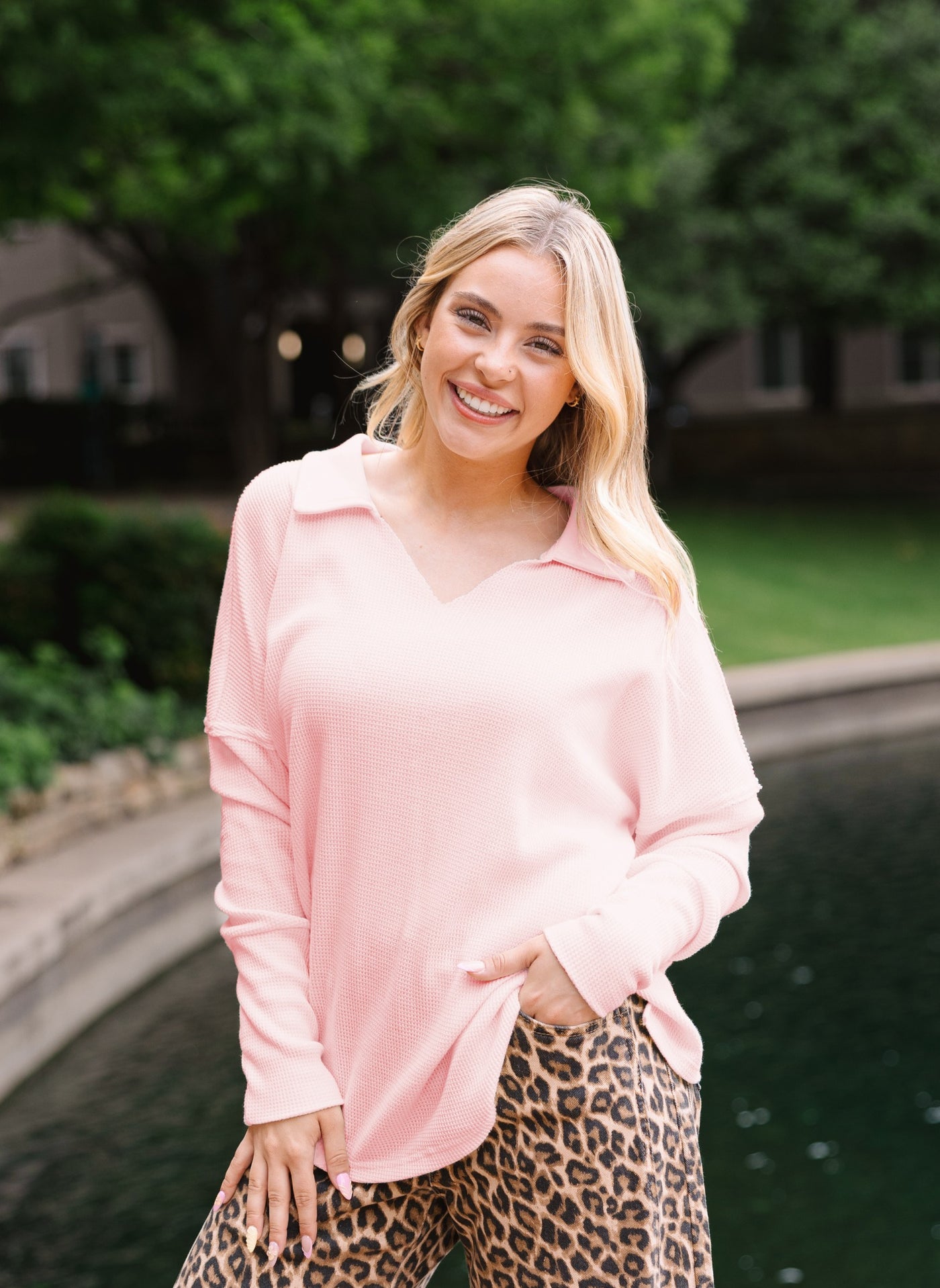 Waffle Knit Top, Pink