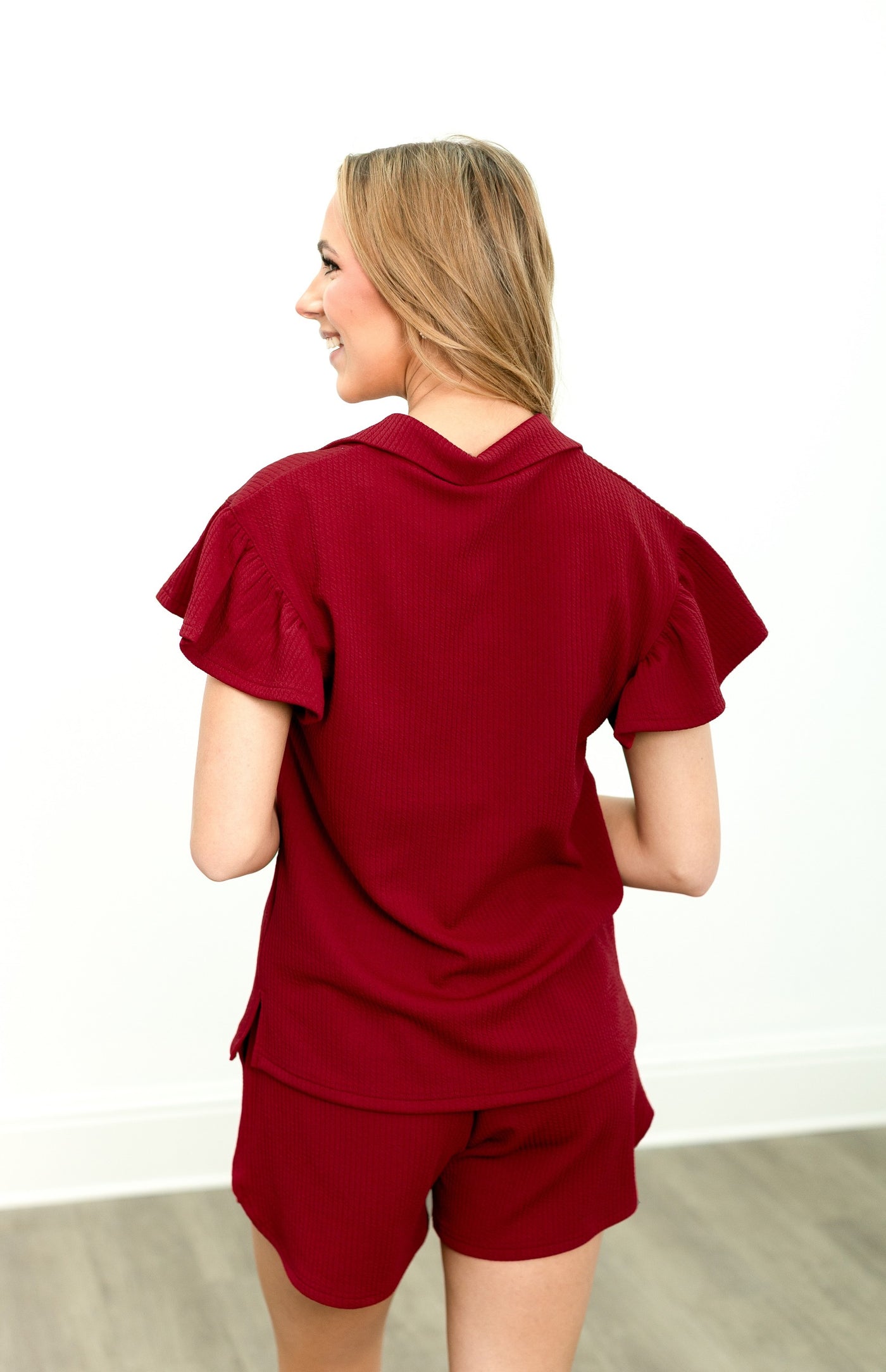 Maroon Quarter Zip with Flutter Sleeves