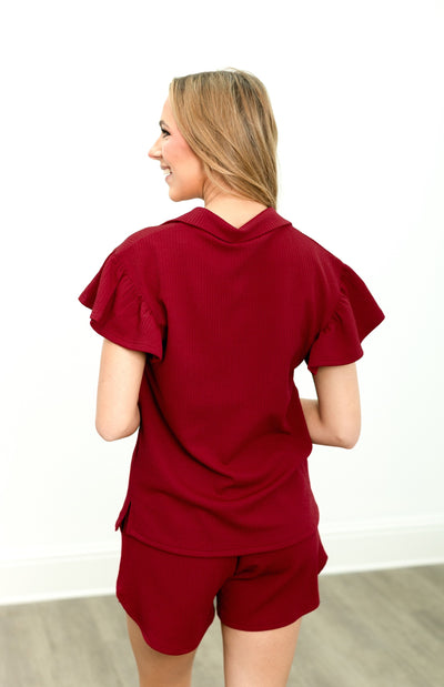 Maroon Quarter Zip with Flutter Sleeves