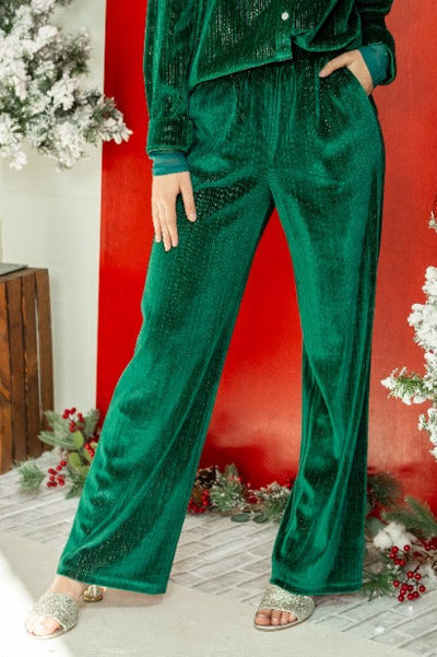 Velvet Straight-Leg Pants, Green