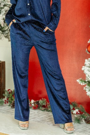 Velvet Straight-Leg Pants, Navy