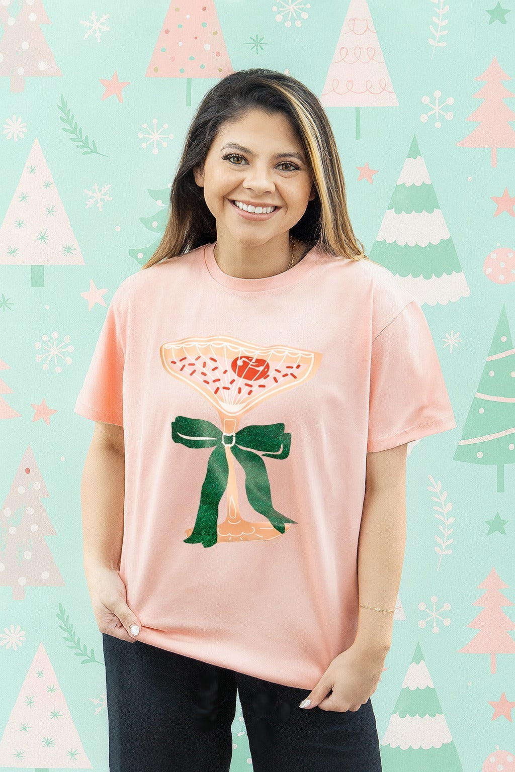 Christmas Cocktail on Pink Tee
