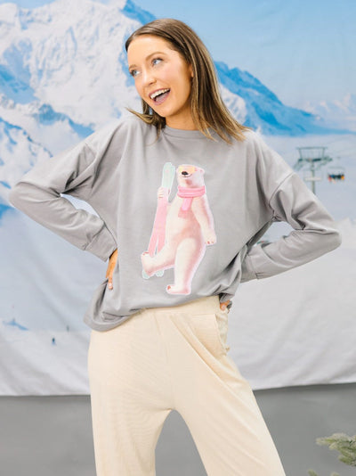 Polar Bear Skiing on Light Weight Sweatshirt, Grey