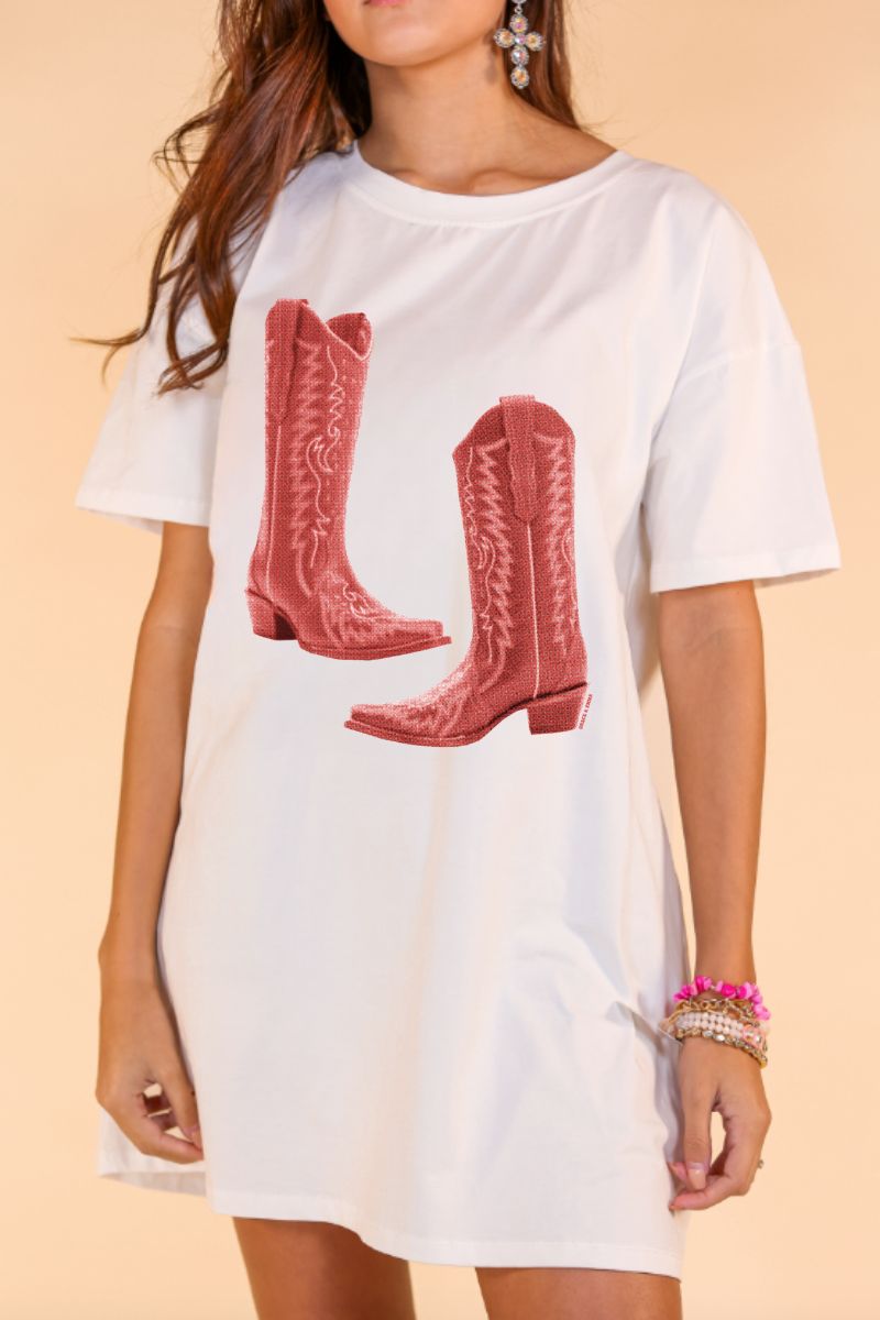 Red Cowboy Boots on White tee dress