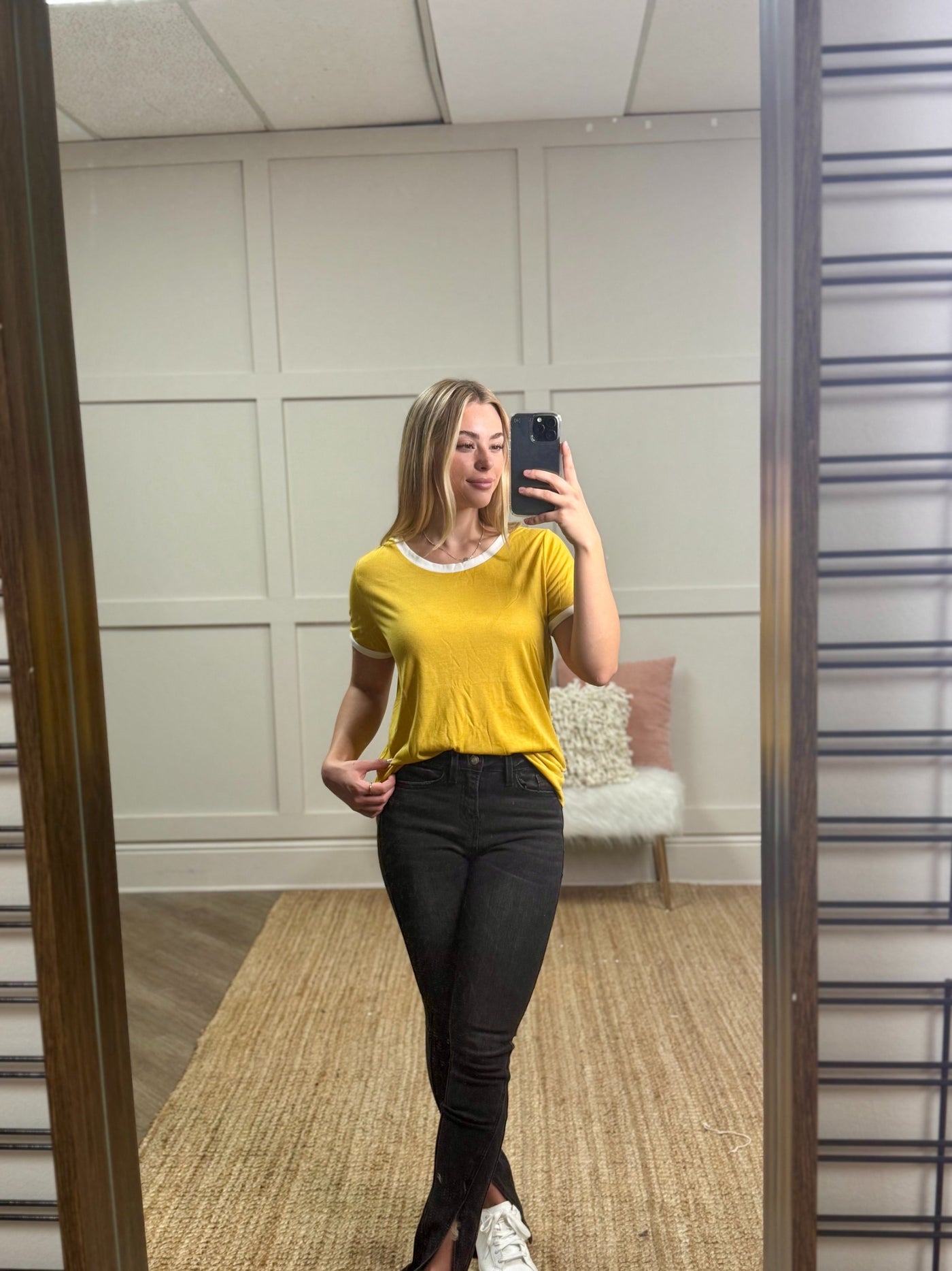 Trim It Down Short Sleeves Ringer T-Shirt, White And Mustard