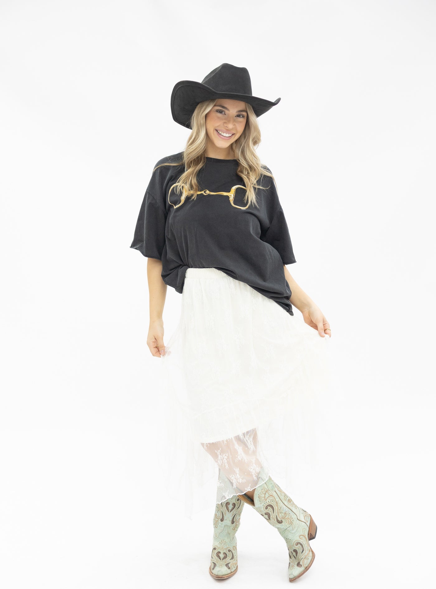 Gold Horse-Bit on Black Boxy Tee