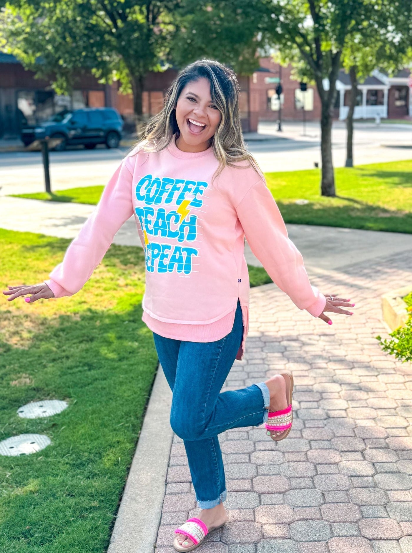 Coffee Teach Repeat on Pink French Terry Sweatshirt With Ribbed Knit