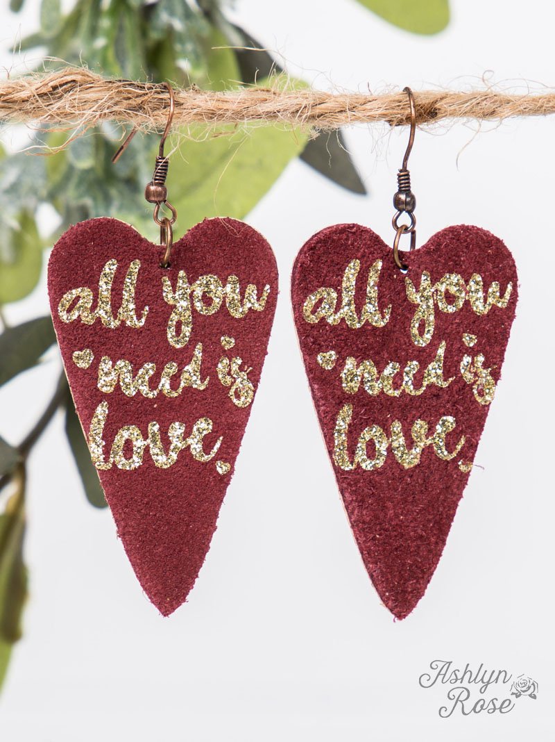 Maroon All You Need is Love Heart Earrings, Copper