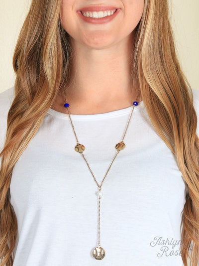 Gold Chain Baseball Charm Necklace with Blue and Pearl Beads