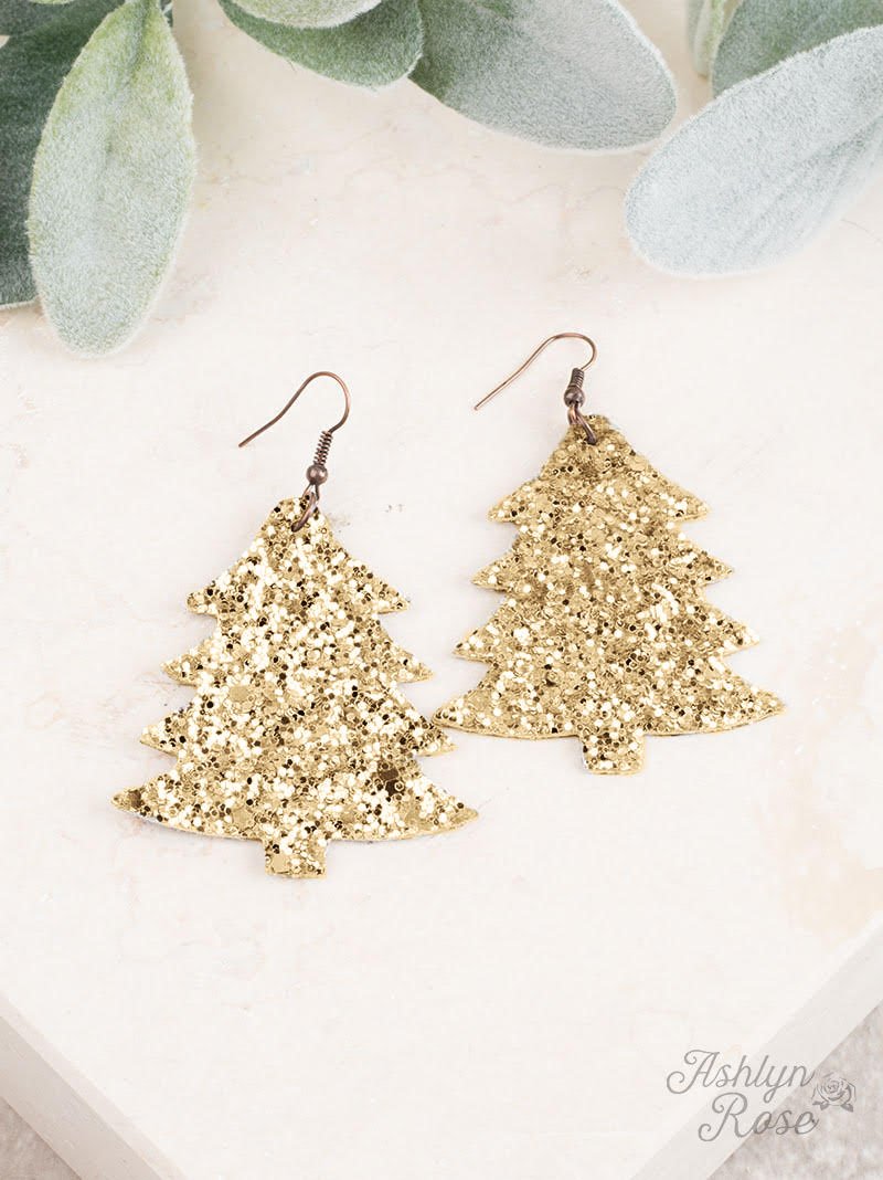 Happiest Christmas Tree Glitter Earrings, Gold
