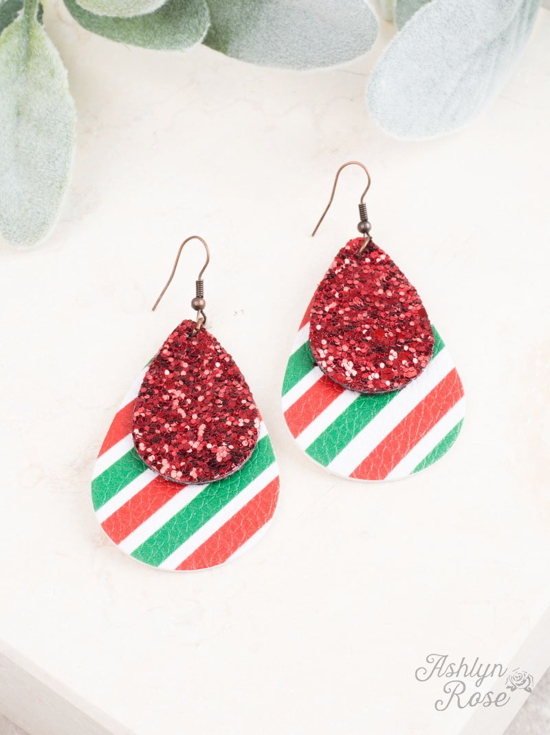 Prettiest Present Christmas Earring, Red Glitter and Festive Stripes