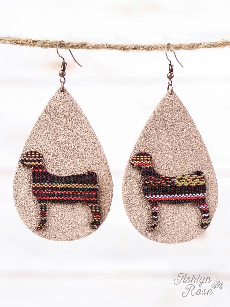 Teardrop Earrings with Serape Goat Cutout, Beige Leather