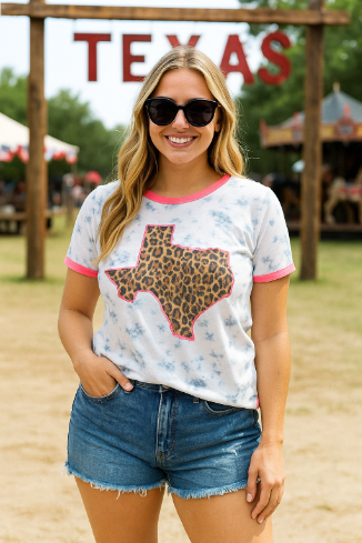 Leopard Texas on Marble & Pink Ringer Tee