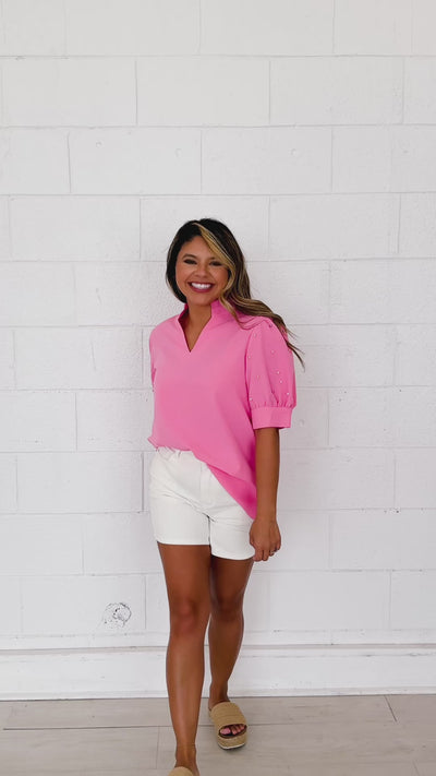 Pink Puff Sleeve Top With Pearl