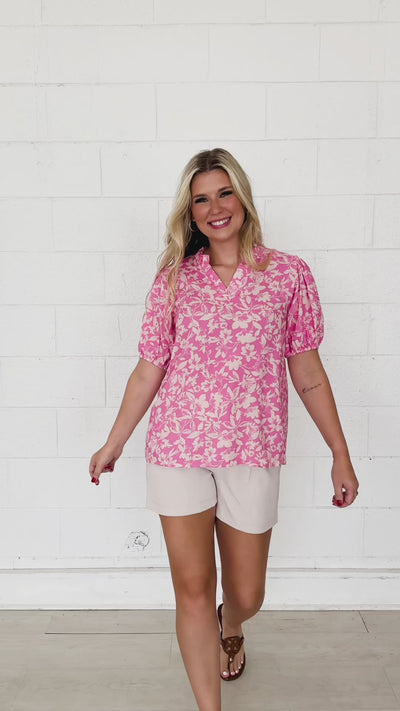 Pink Floral Puff Sleeve Blouse