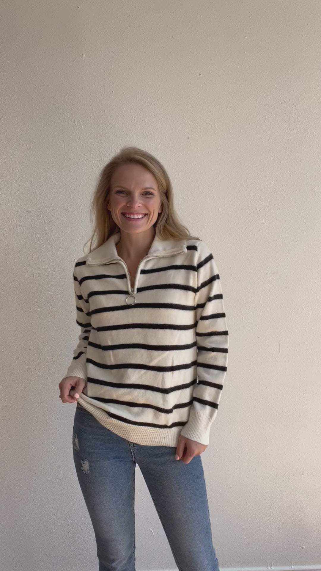 (AS IS) Black and White Stripe Quarter Zip Sweater