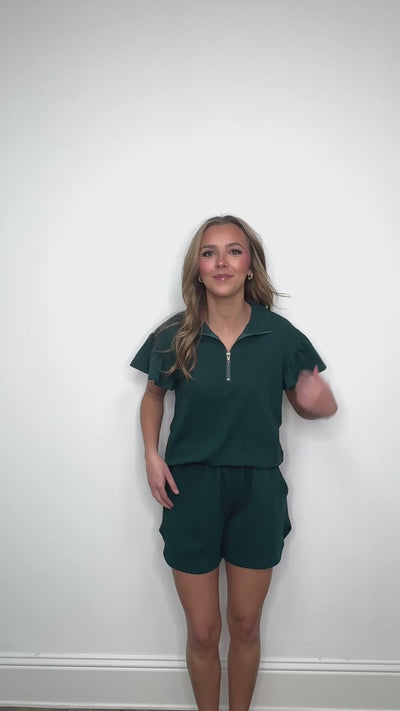 Forest Green Quarter Zip with Flutter Sleeves