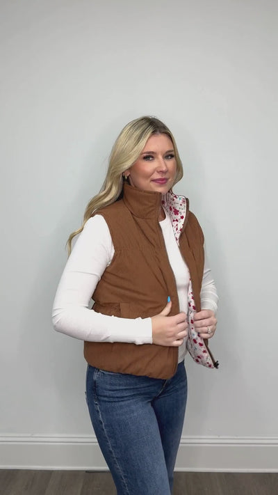 The Gillian Reversible Tan and Floral Puffer Vest
