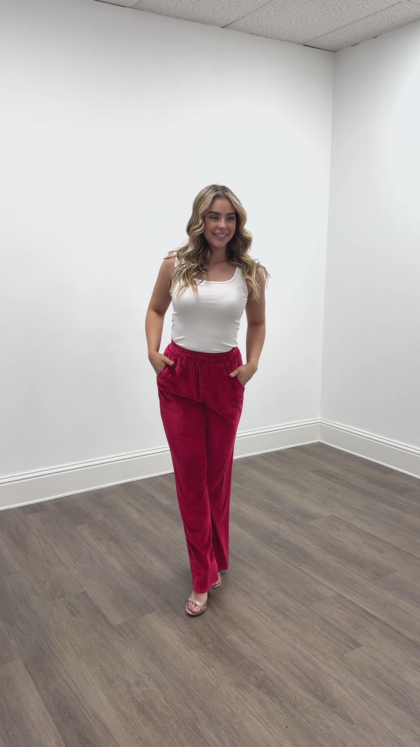 Velvet Straight-Leg Pants, Red