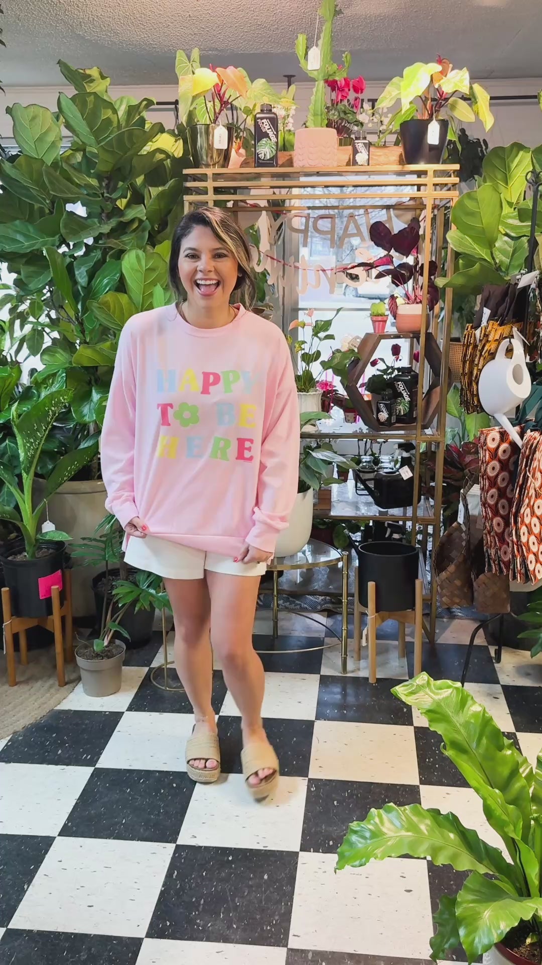 Happy To Be Here On Pink French Terry Sweatshirt
