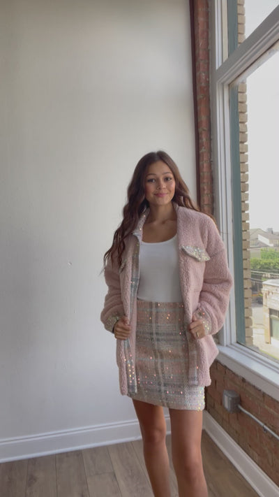 Blush Pink Sherpa With Sequin Plaid