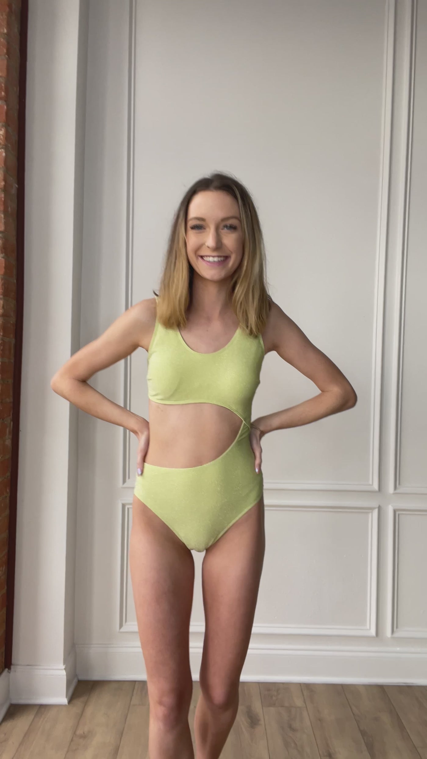 Green one piece side cut out swimming suit