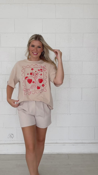 Strawberry Stamp On Beige Relaxed Fit Tee