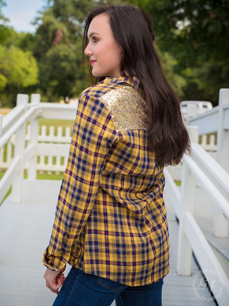 As If Yellow Plaid Button Down Top with Gold Sequins