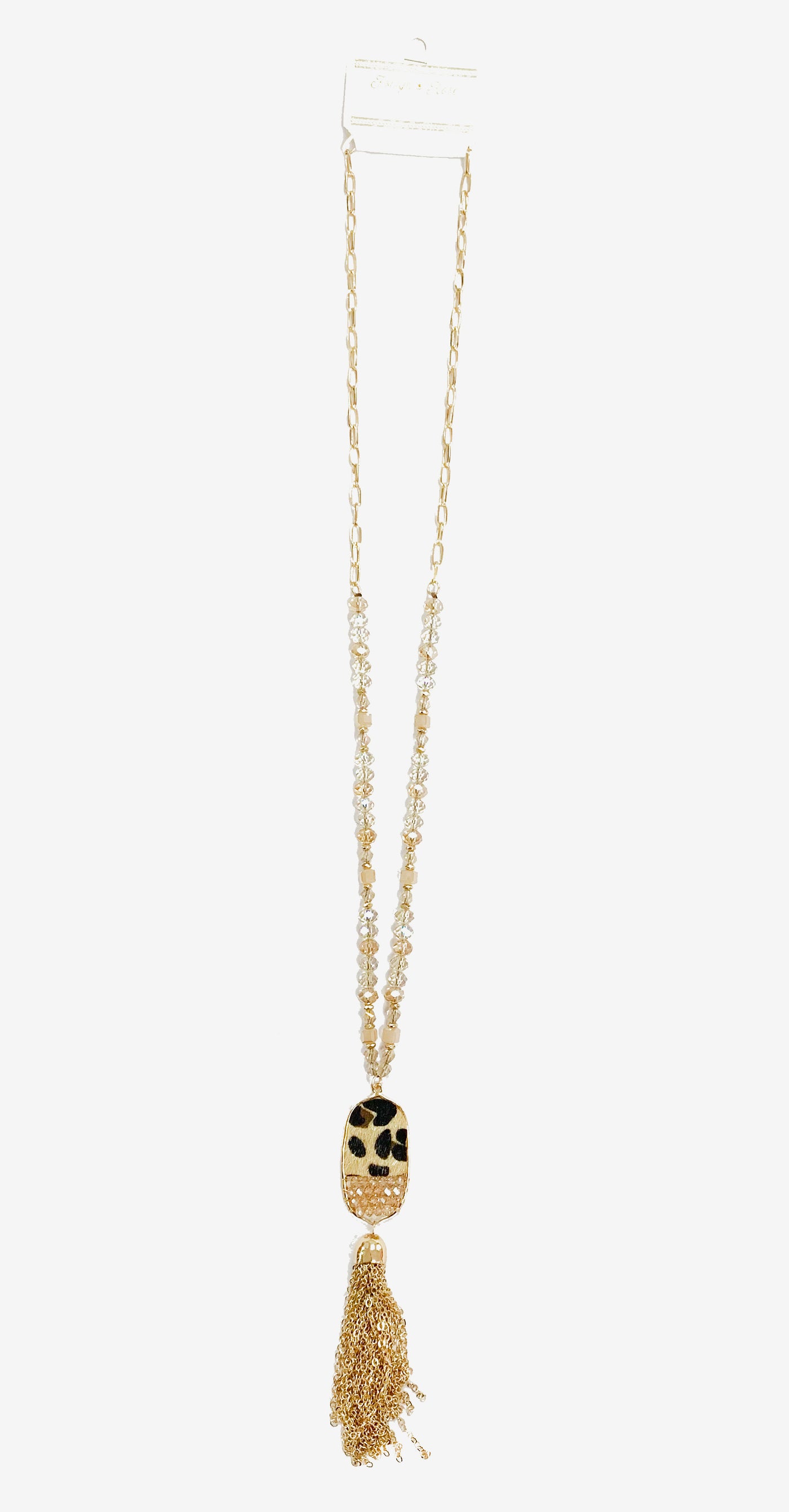 ALL THE DRAMA OVAL LEOPARD TASSEL GOLD PENDANT ON A IRIDESCENT CRYSTAL BEADED GOLD LINKED CHAIN NECKLACE
