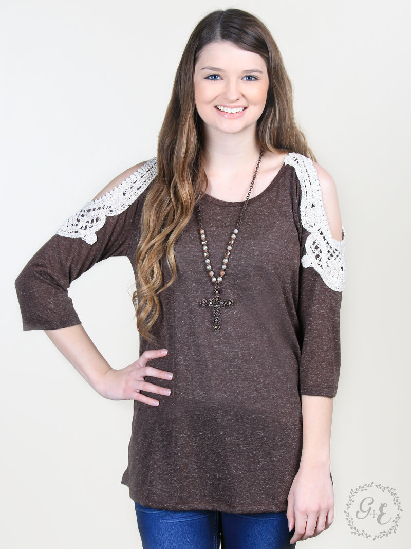 Hazel's Crochet Cold-Shoulder Top, Brown