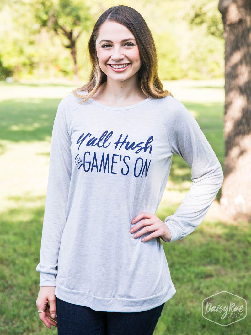 Y'all Hush The Game's On Light Grey Longsleeve Tee, Navy Blue Ink