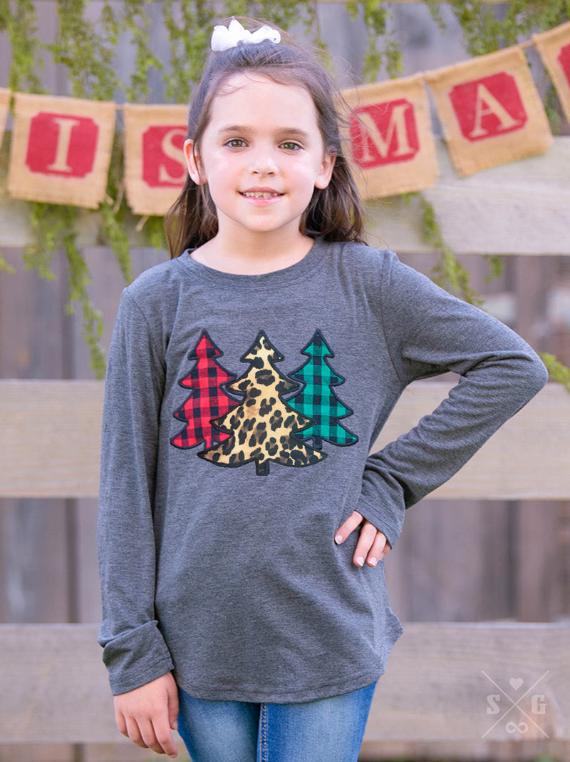 Girls' Leopard & Buffalo Plaid Festive Forest Patch on Charcoal Longsleeve