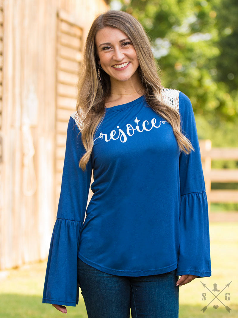Rejoice on French Blue Longsleeve with Lace Accent and Bell Sleeves