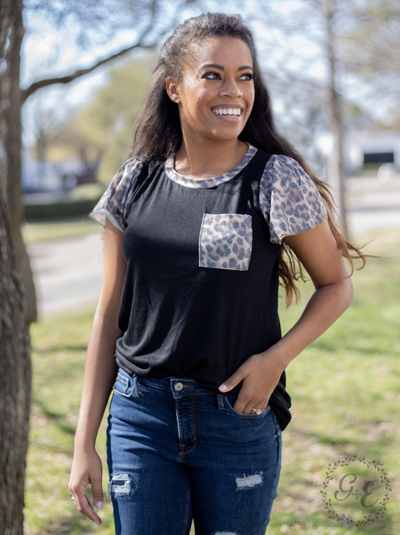 Frills and Thrills Pocket Tee, Black and Leopard