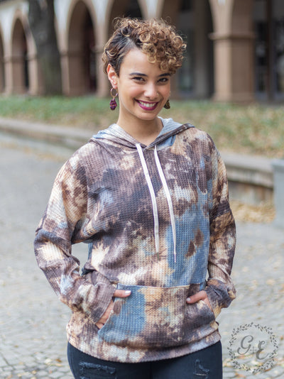 Get Your Fun On Tie Dye Waffle Pullover Hoodie with Drop Sleeve, Brown