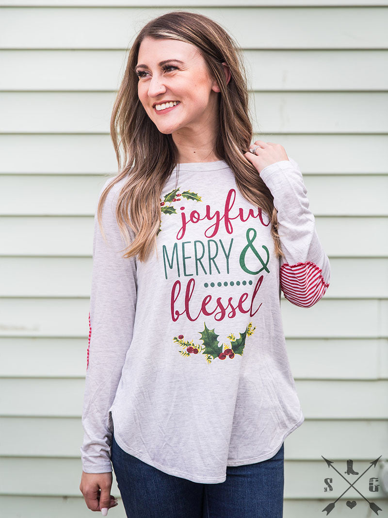 Joyful, Merry, & Blessed on Grey Longsleeve Tunic with Candy Cane Accent