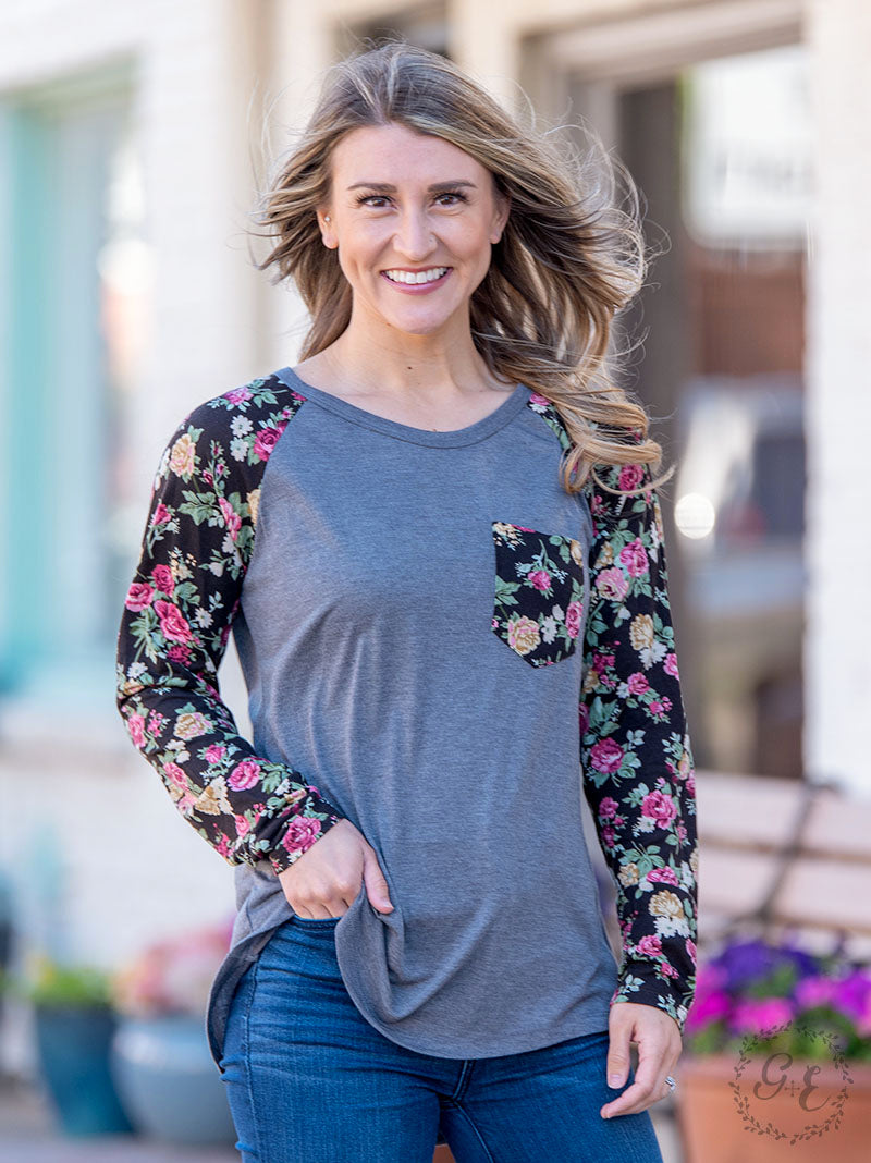 Kaitlyn's Grey Blouse with Floral Sleeves & Pocket