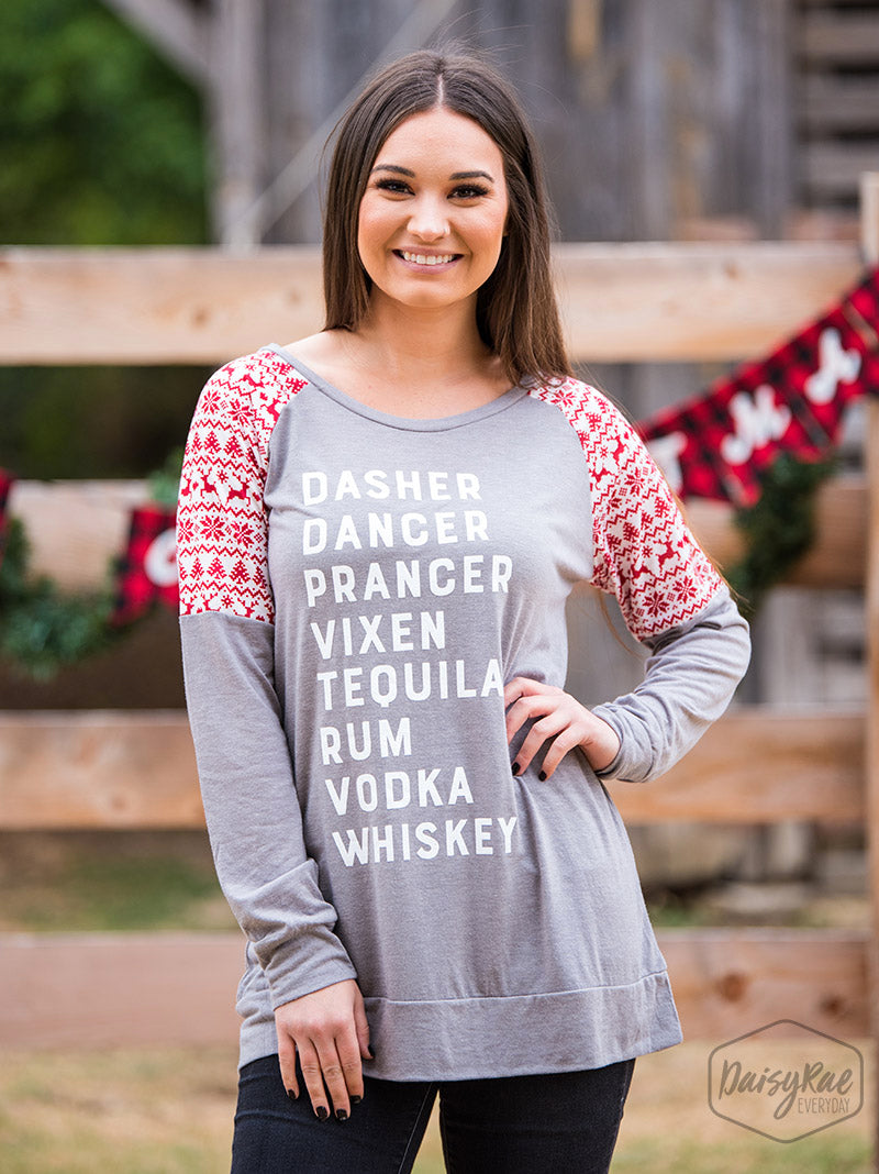 Dasher...Tequila on Grey Longsleeve with Red Winter Print Sleeve Inset