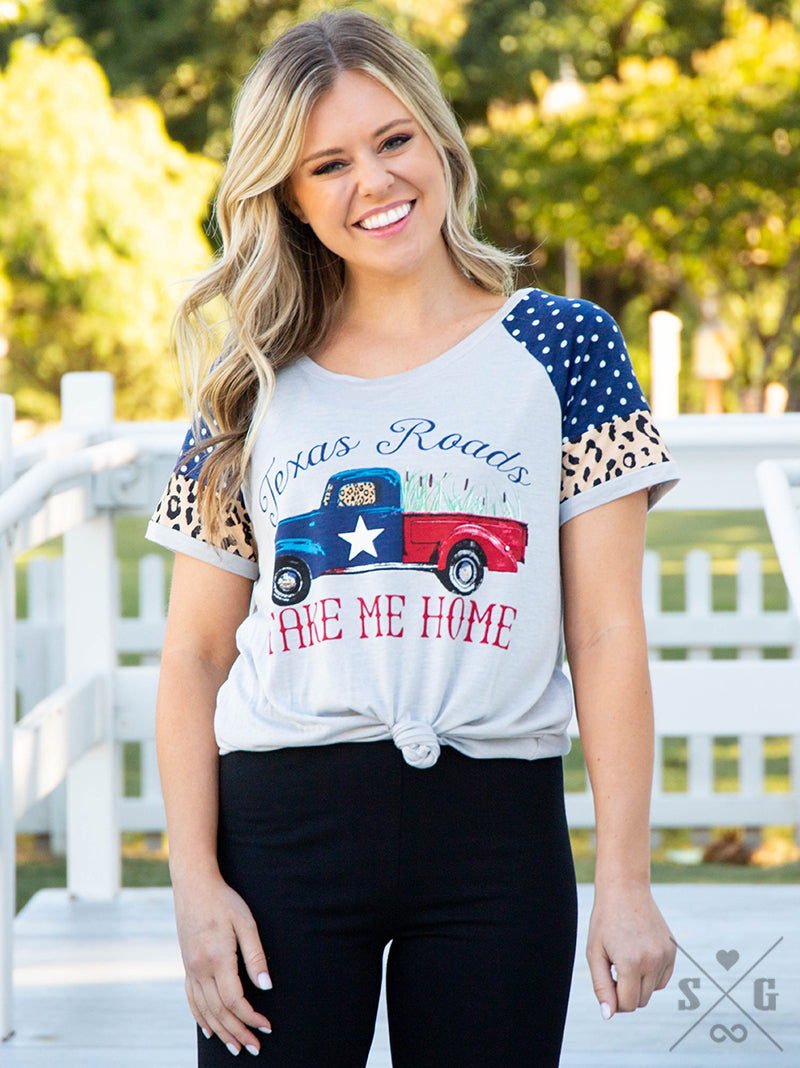 Texas Roads Take Me Home on Light Grey Shortsleeve Tee with Polka Dot and Leopard Inset Detail