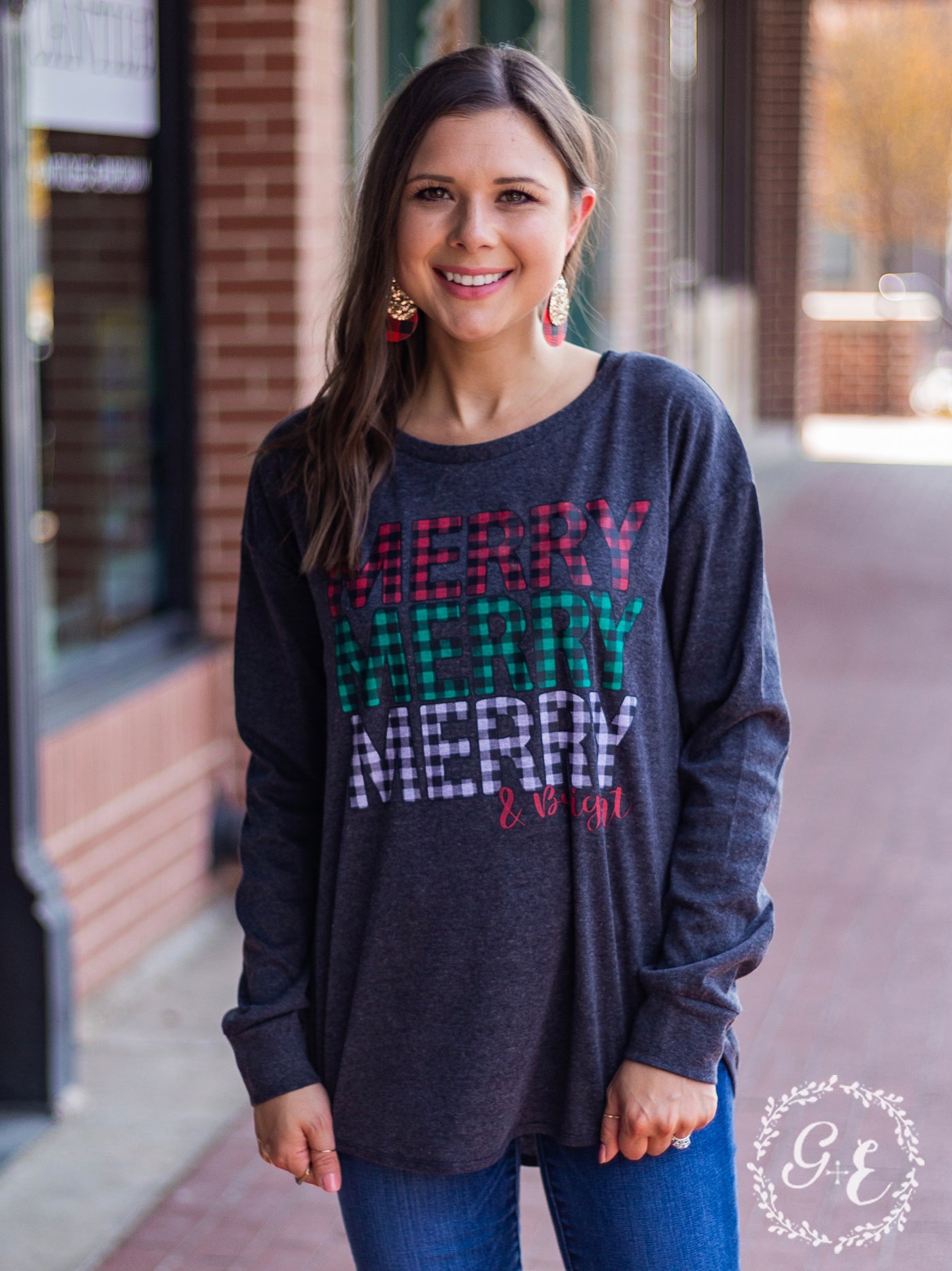 Merry Merry Merry & Bright Round Neck Long Sleeve with Knit Wrist