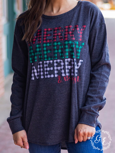 Merry Merry Merry & Bright Round Neck Long Sleeve with Knit Wrist